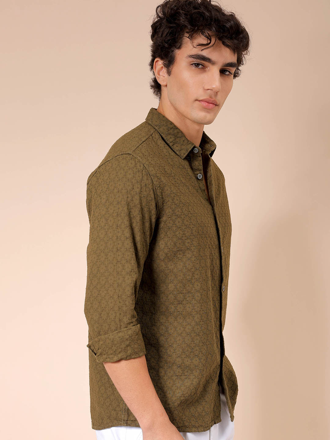 Men's Olive Regular Fit Textured Resortwear Shirt