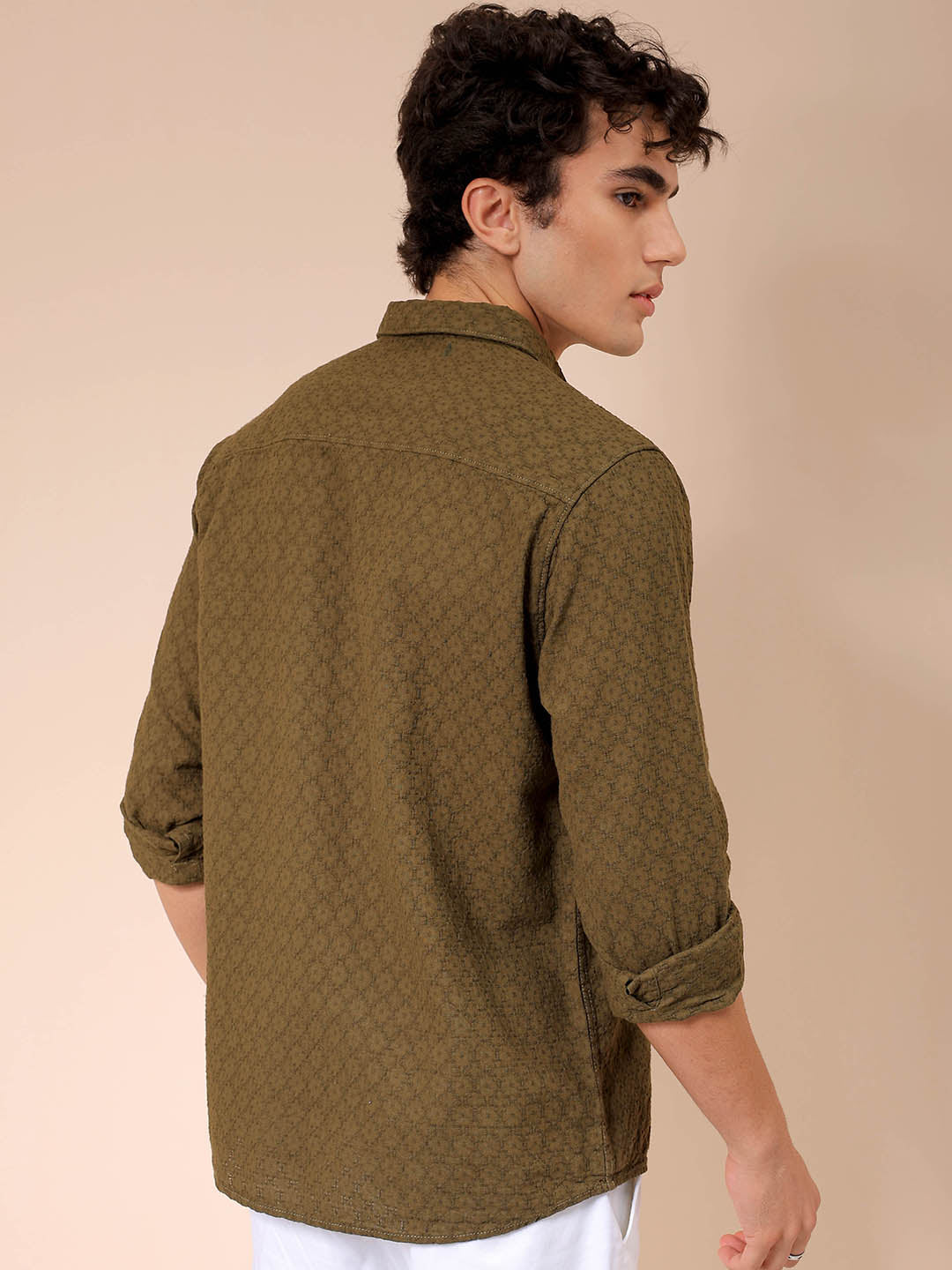 Men's Olive Regular Fit Textured Resortwear Shirt