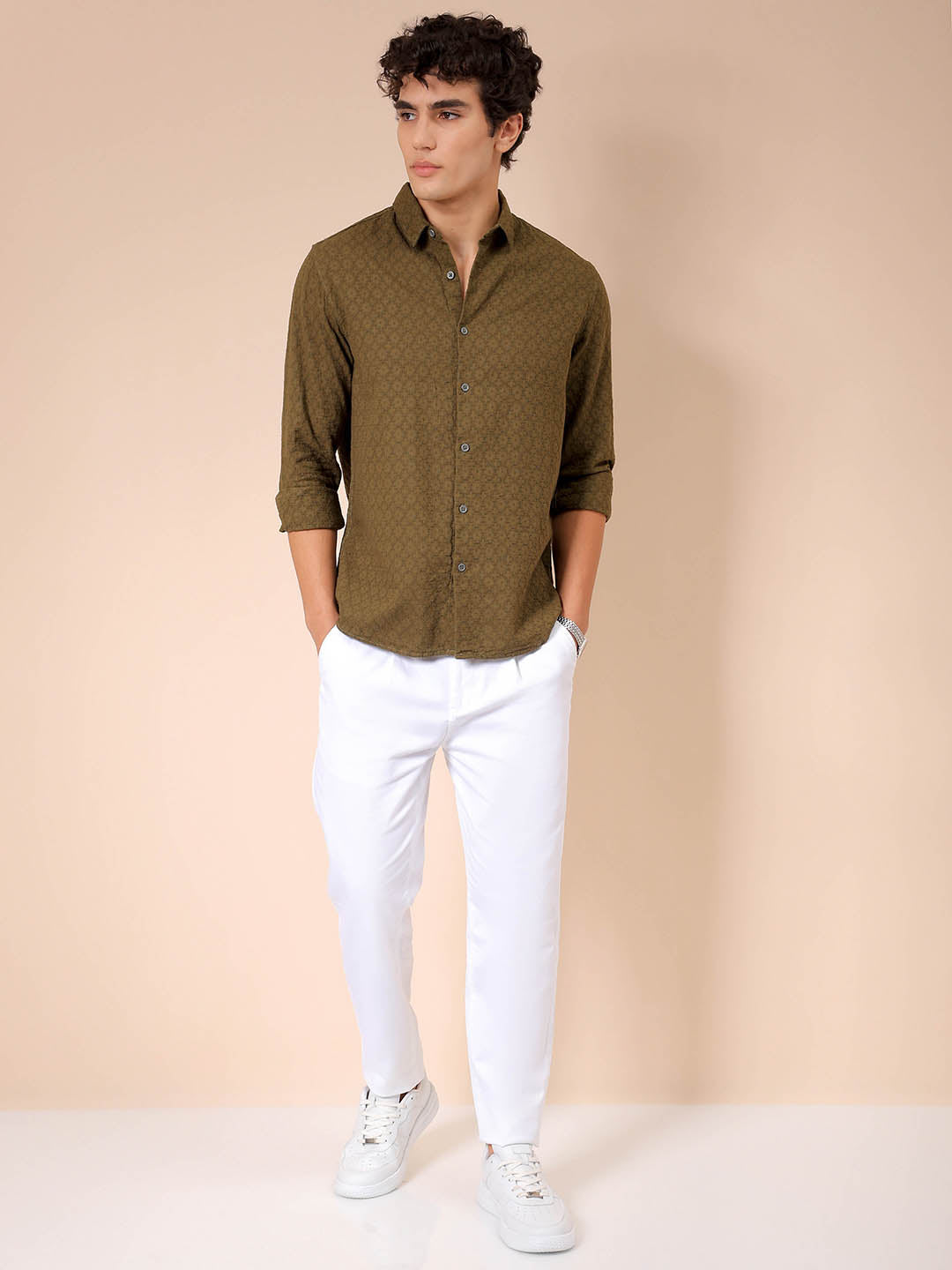 Men's Olive Regular Fit Textured Resortwear Shirt