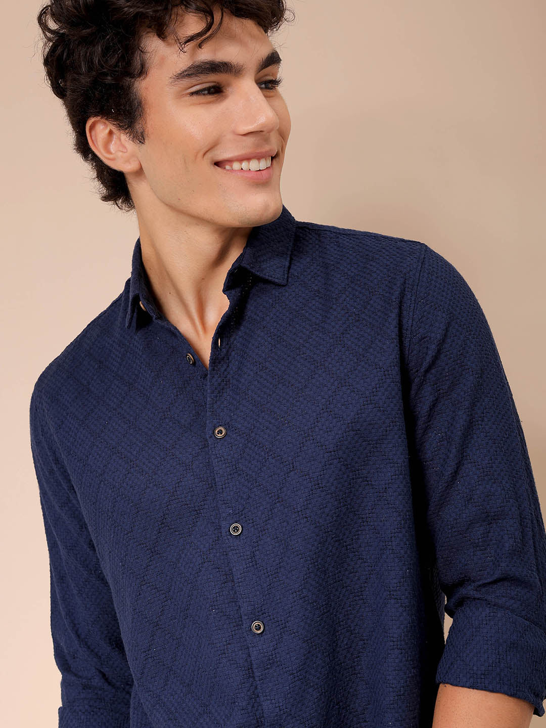 Men's Blue Regular Fit Textured Resortwear Shirt