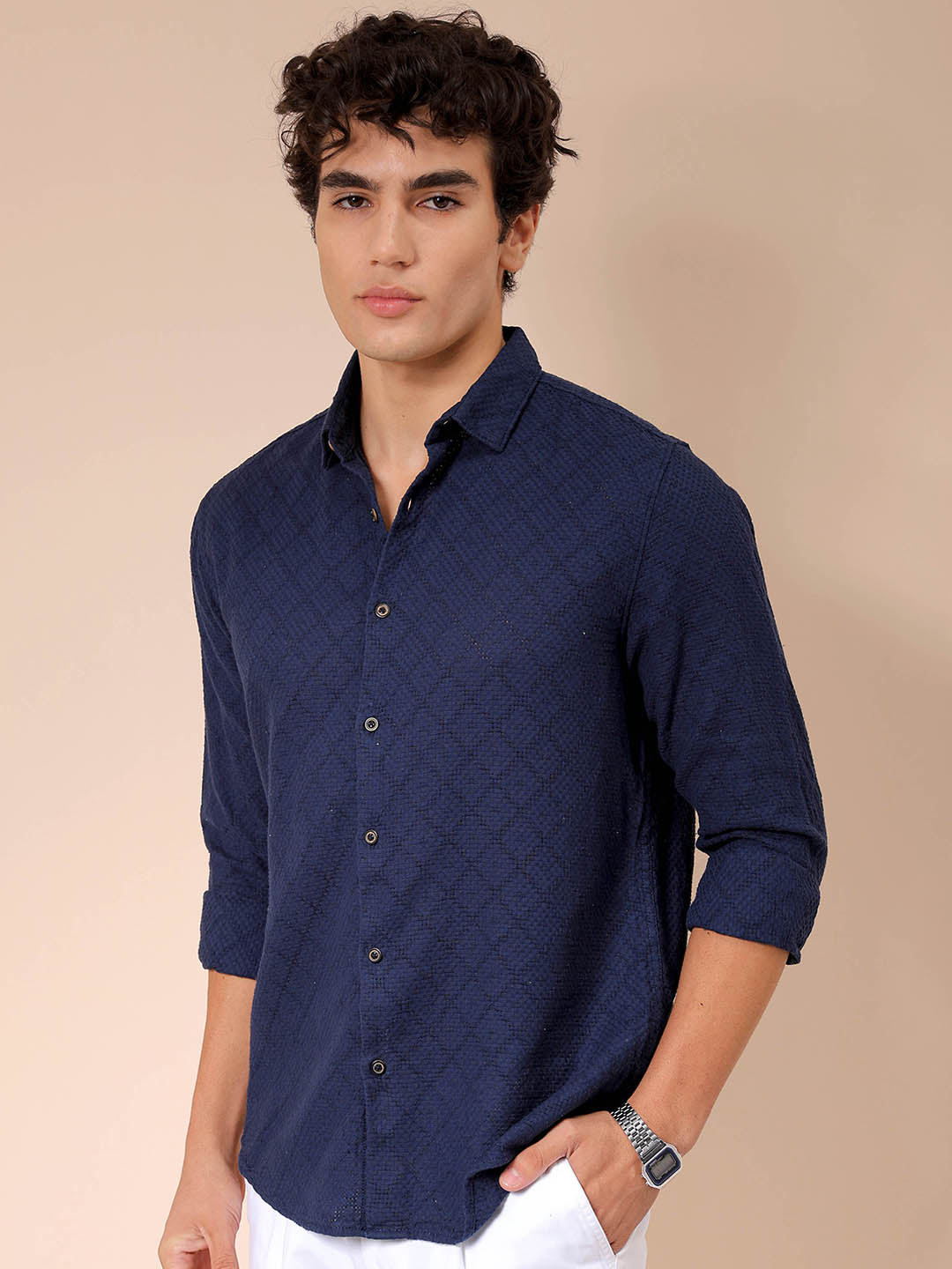 Men's Blue Regular Fit Textured Resortwear Shirt