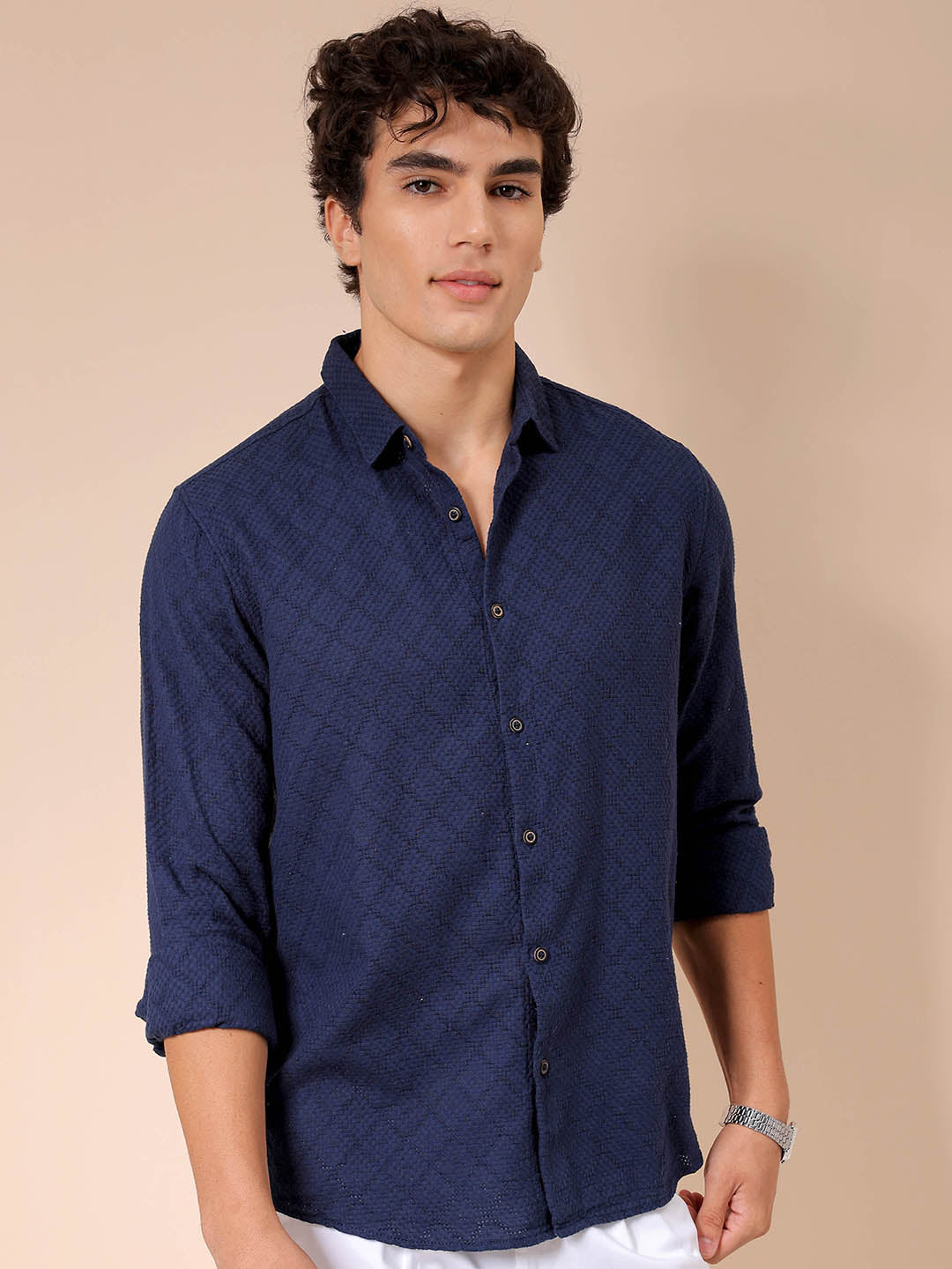 Men's Blue Regular Fit Textured Resortwear Shirt