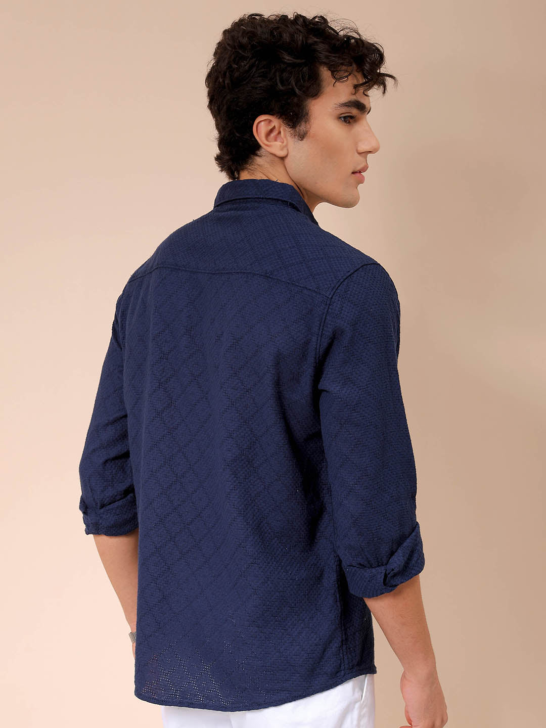 Men's Blue Regular Fit Textured Resortwear Shirt