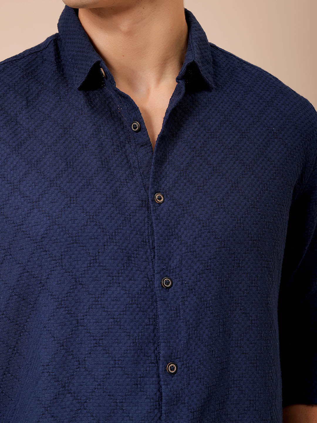 Men's Blue Regular Fit Textured Resortwear Shirt