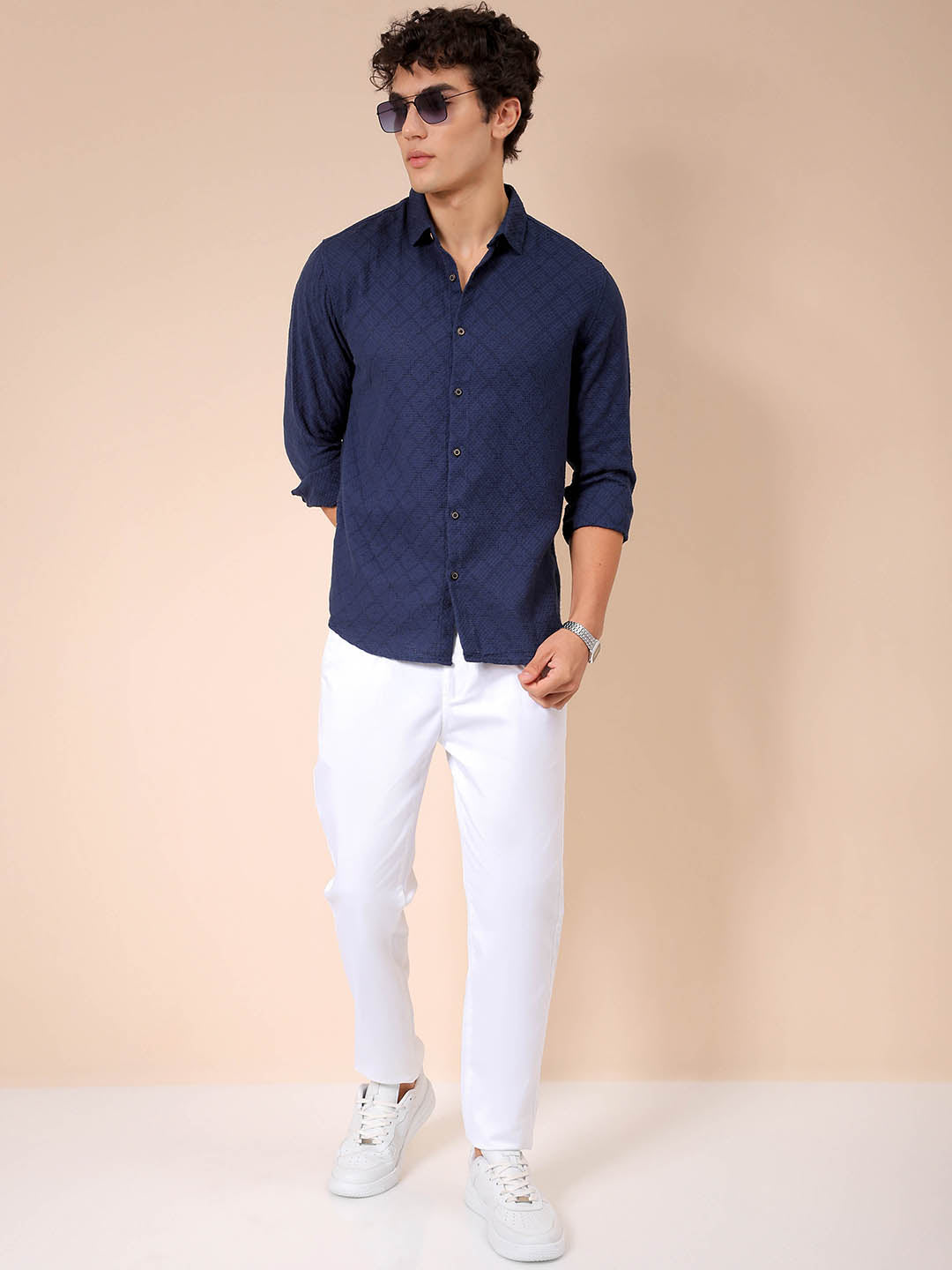 Men's Blue Regular Fit Textured Resortwear Shirt