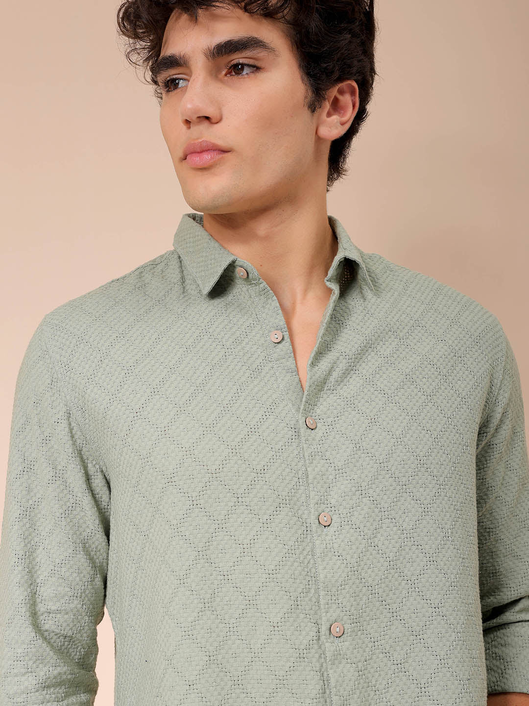 Men's Green Regular Fit Textured Resortwear Shirt