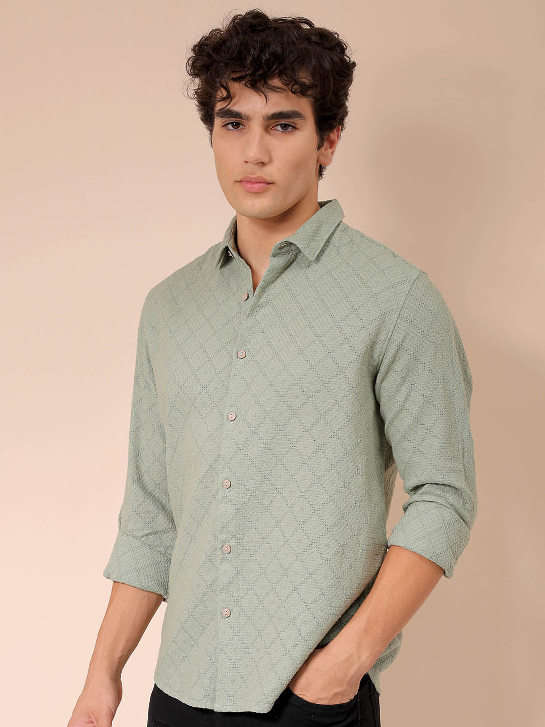 Men's Green Regular Fit Textured Resortwear Shirt