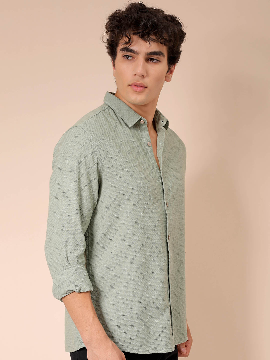 Men's Green Regular Fit Textured Resortwear Shirt