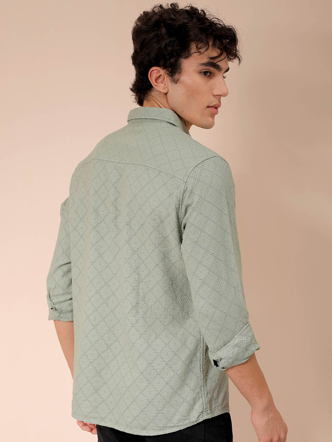 Men's Green Regular Fit Textured Resortwear Shirt