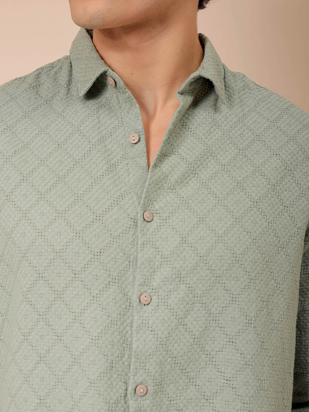 Men's Green Regular Fit Textured Resortwear Shirt