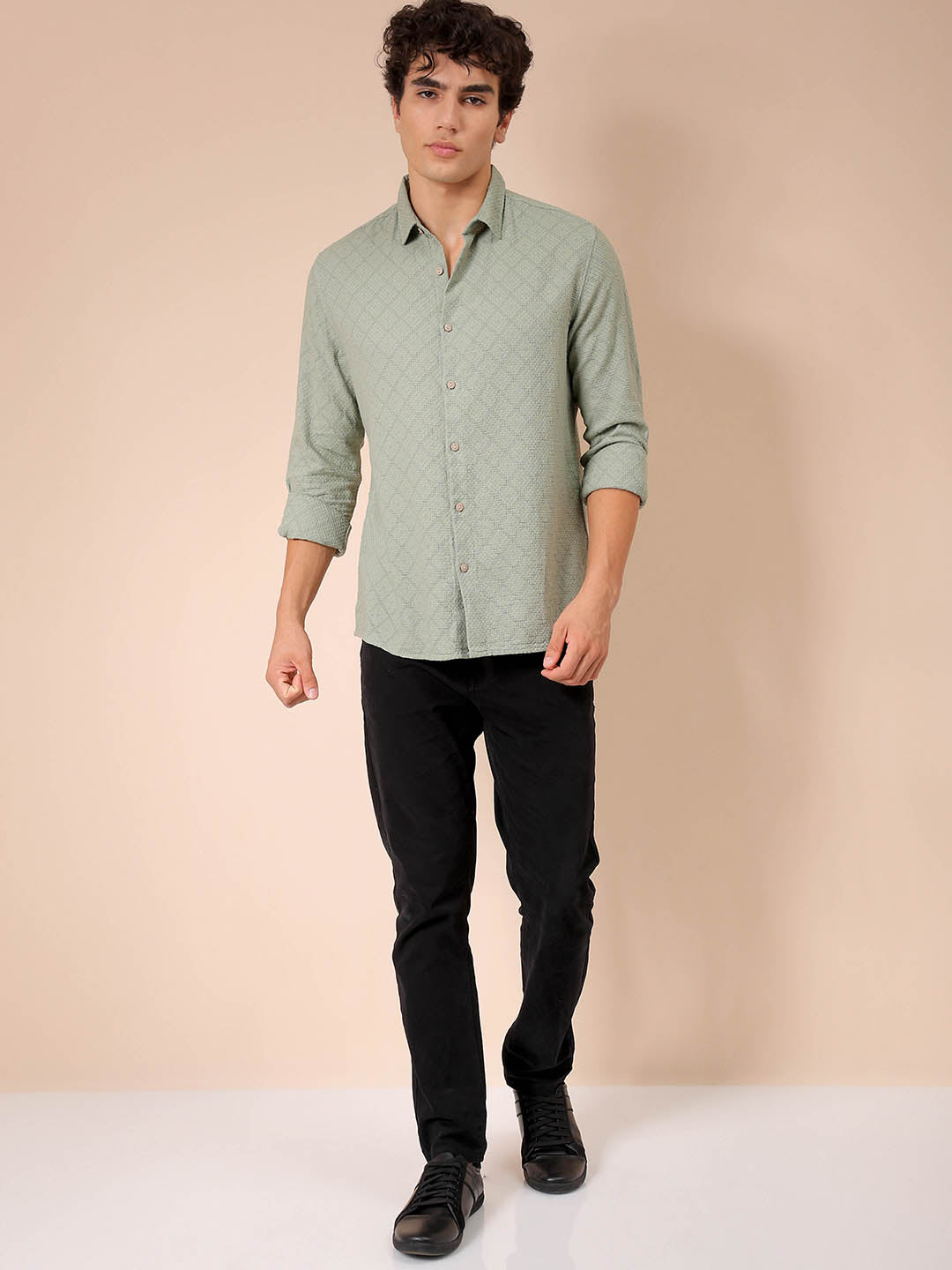 Men's Green Regular Fit Textured Resortwear Shirt