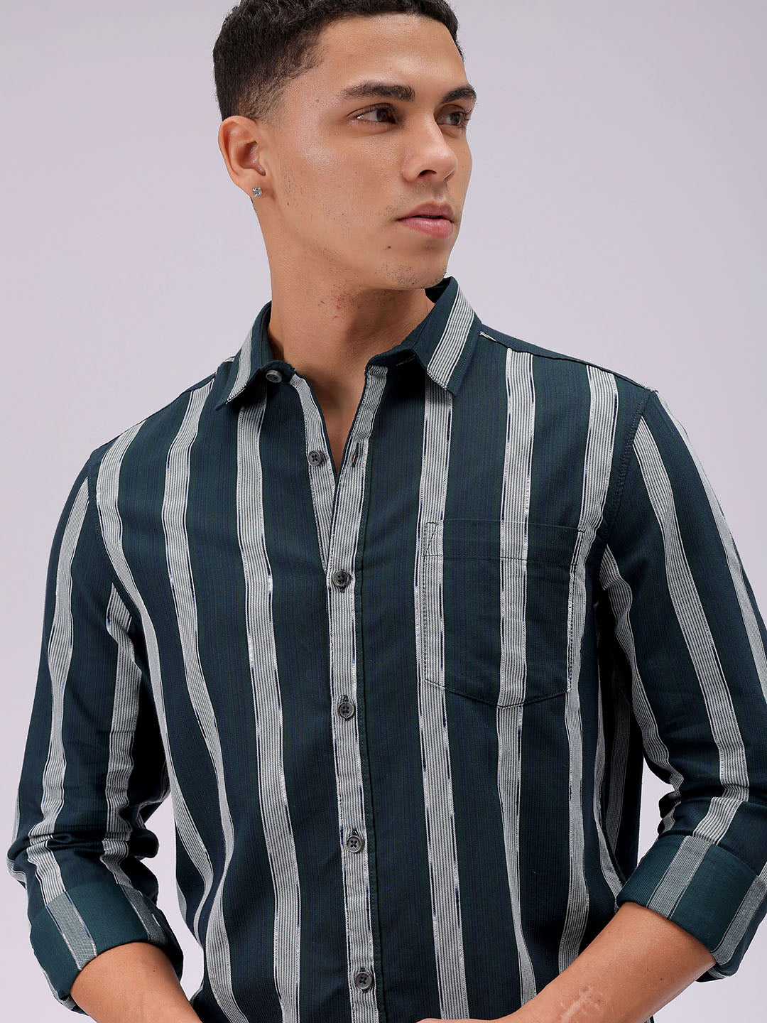 Men's Olive Slim Fit Striped Casual Shirt