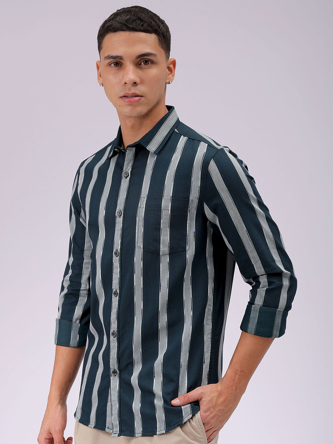 Men's Olive Slim Fit Striped Casual Shirt