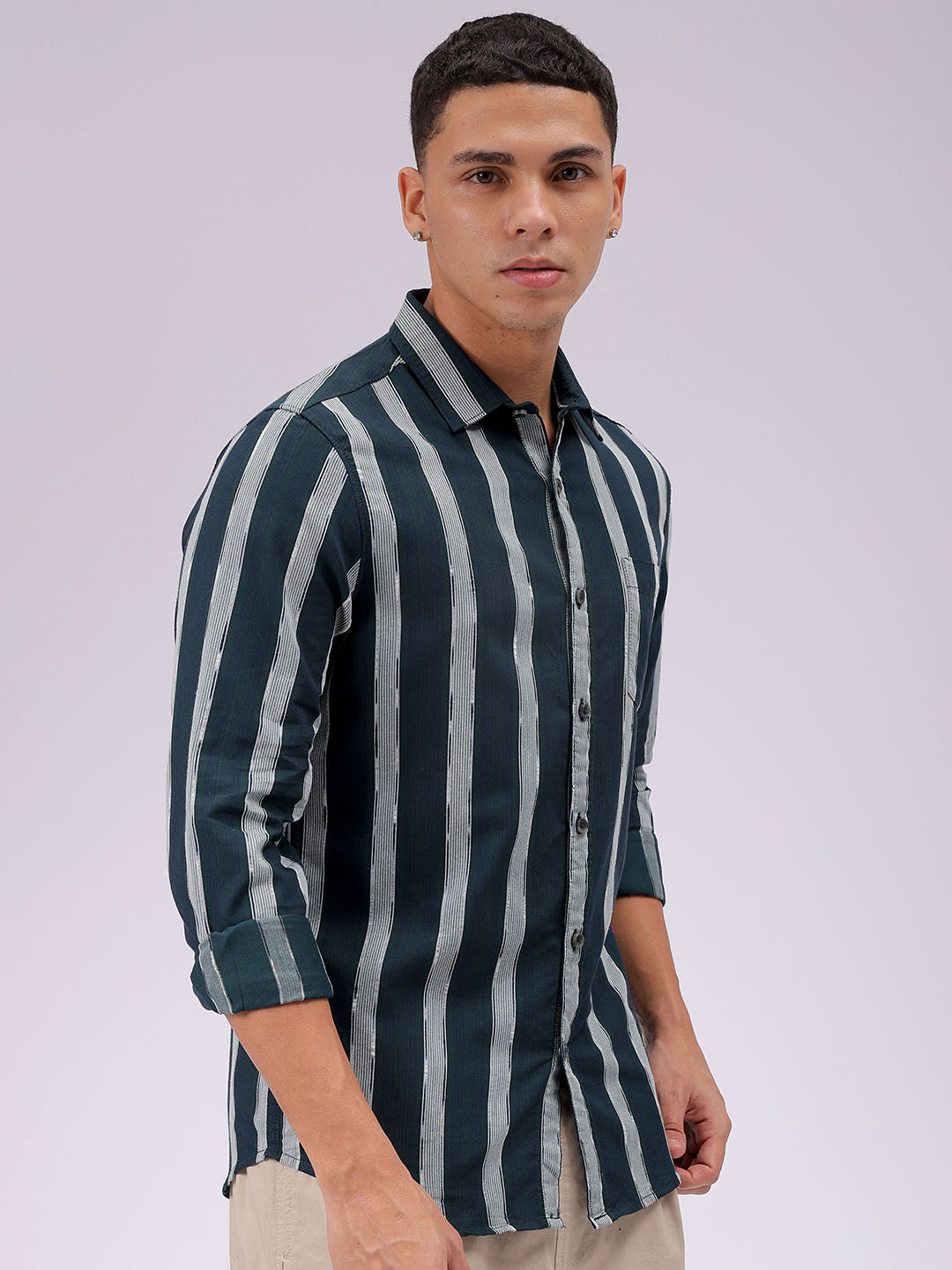 Men's Olive Slim Fit Striped Casual Shirt