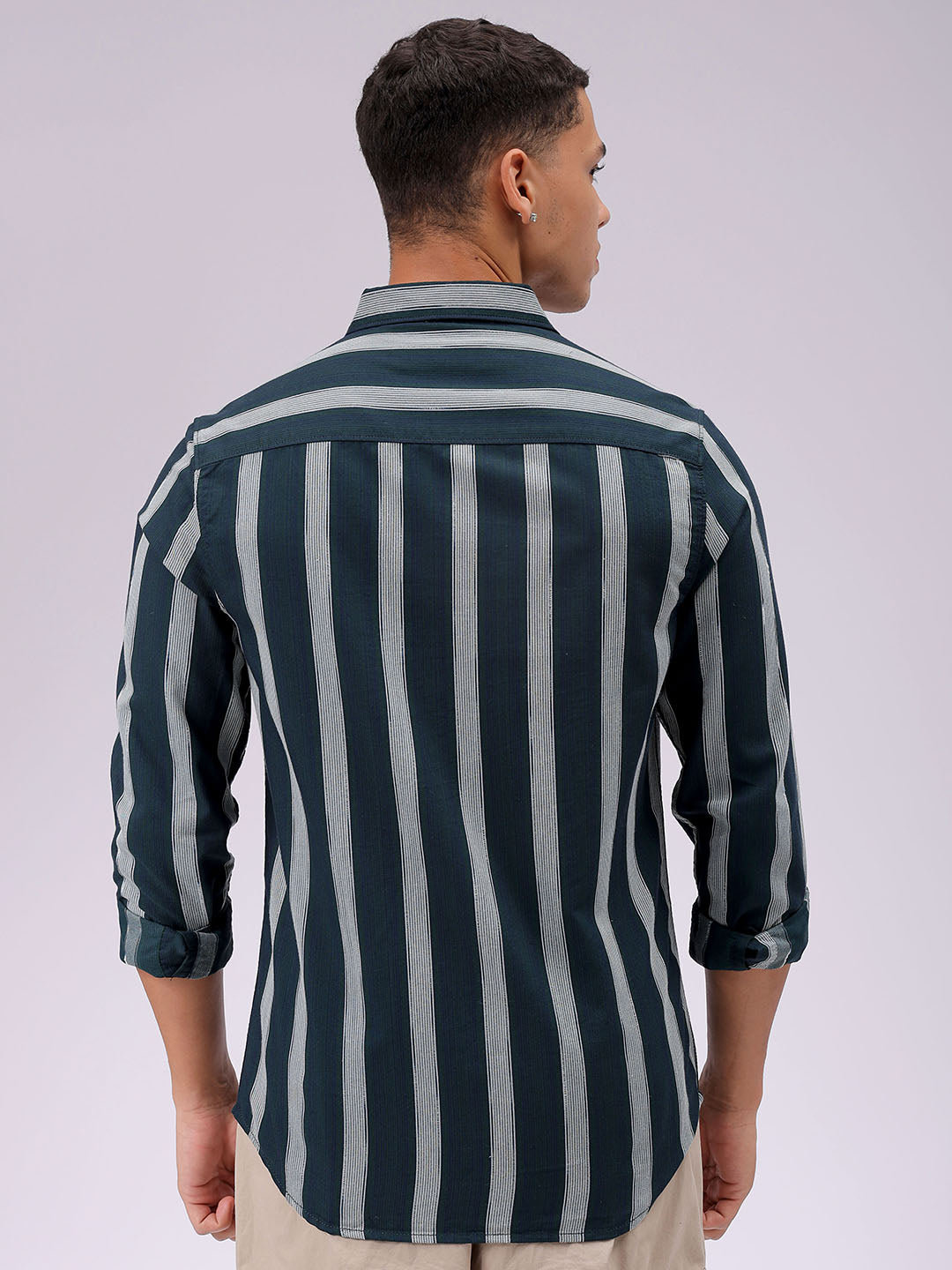 Men's Olive Slim Fit Striped Casual Shirt