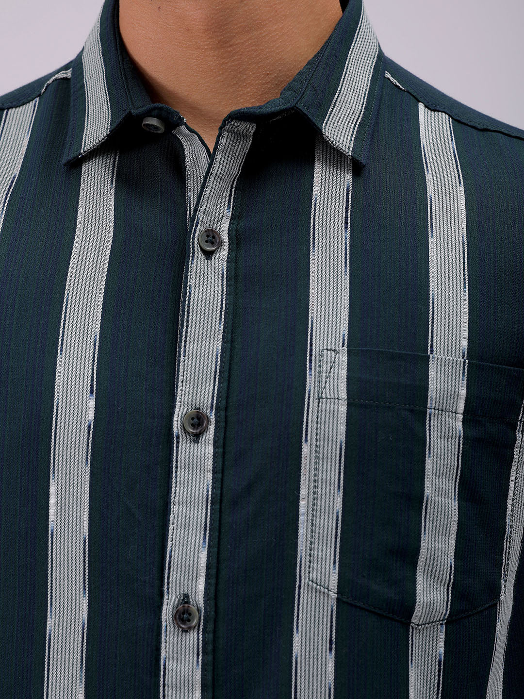 Men's Olive Slim Fit Striped Casual Shirt