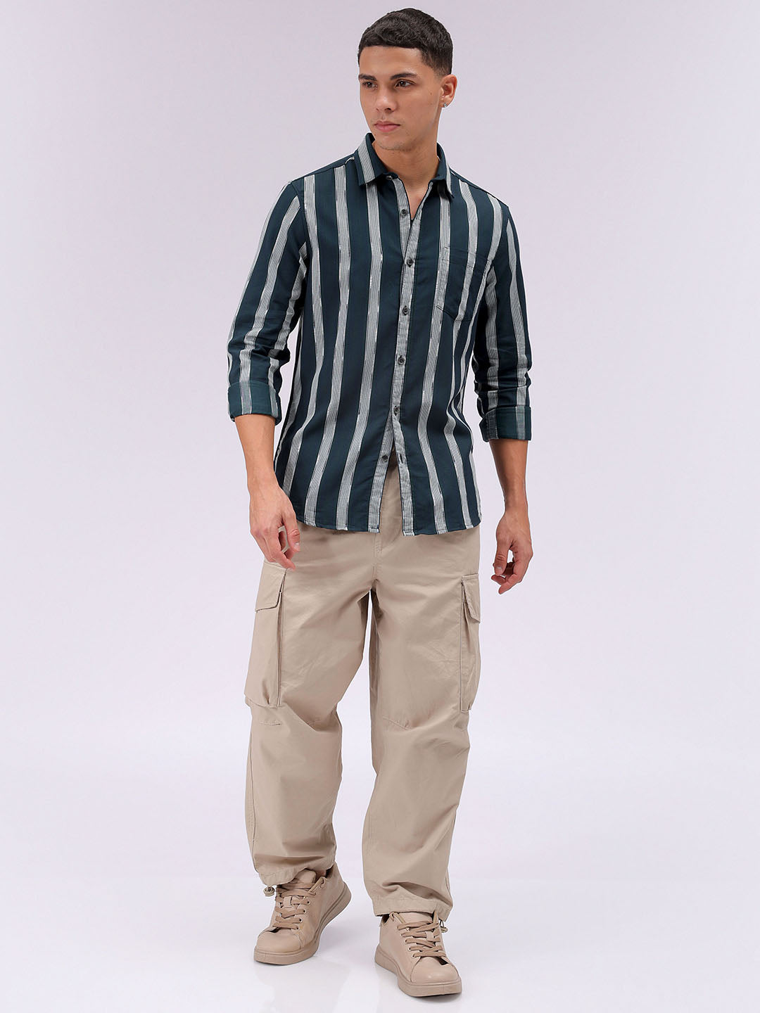 Men's Olive Slim Fit Striped Casual Shirt