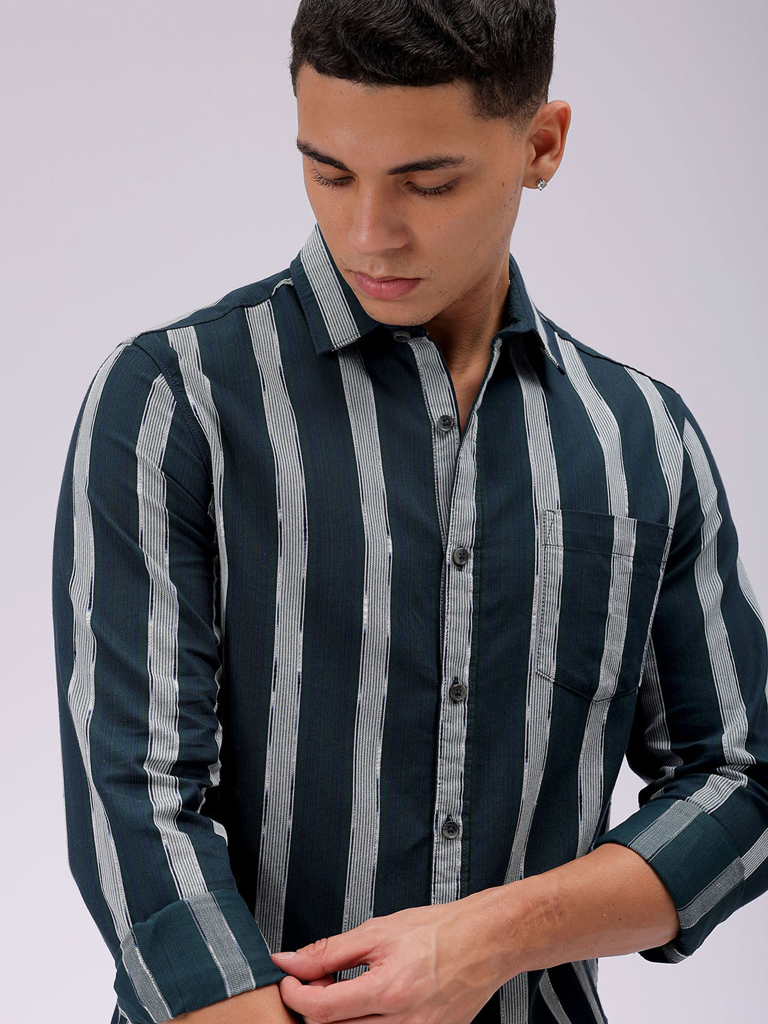 Men's Olive Slim Fit Striped Casual Shirt