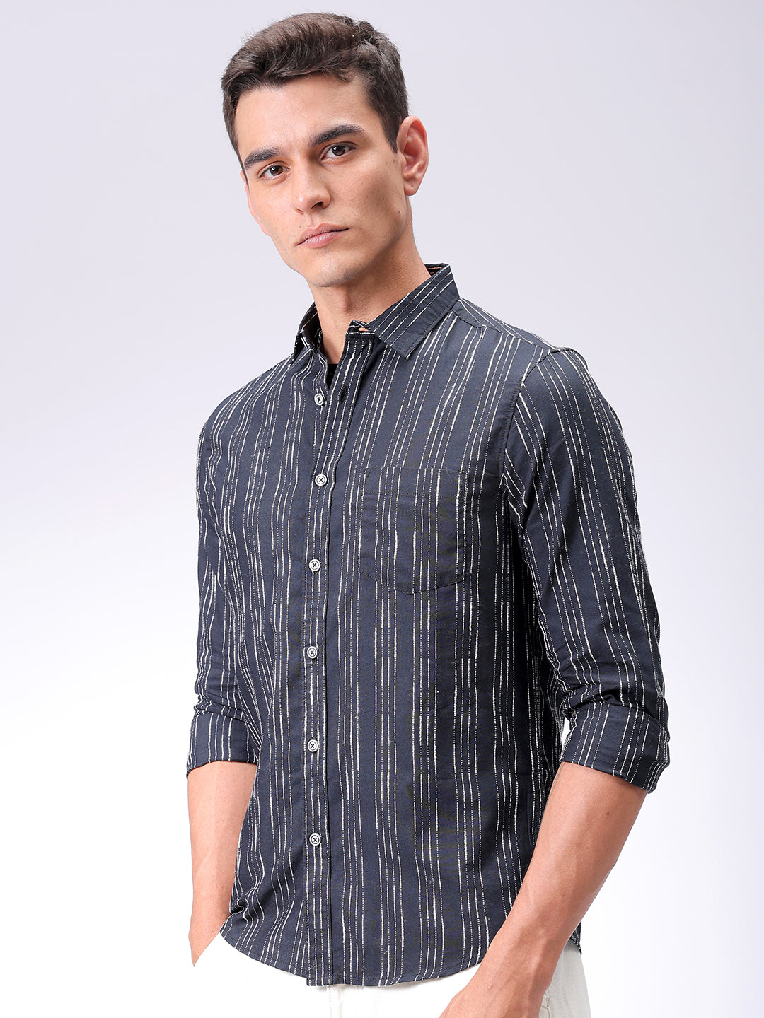 Men's Black Slim Fit Striped Casual Shirt