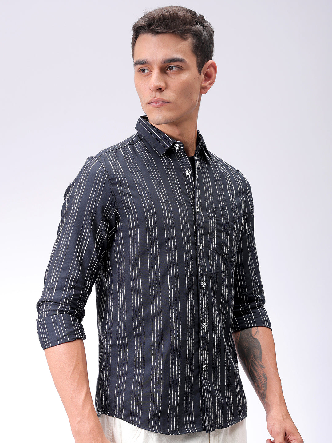 Men's Black Slim Fit Striped Casual Shirt