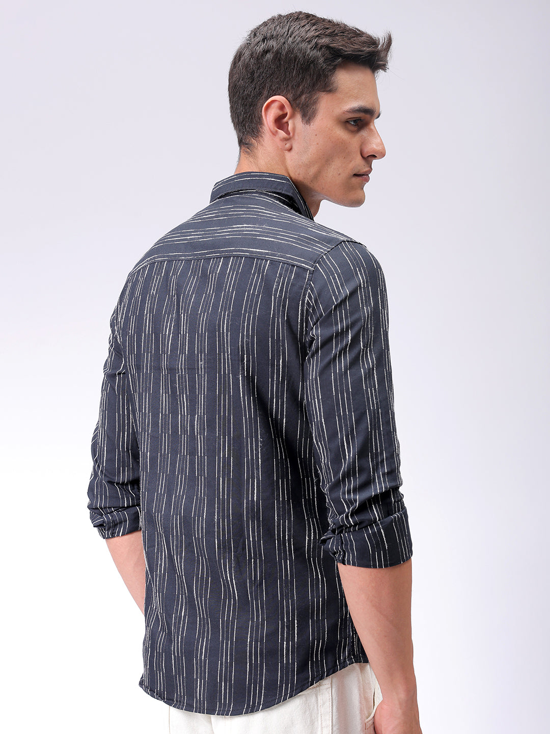 Men's Black Slim Fit Striped Casual Shirt