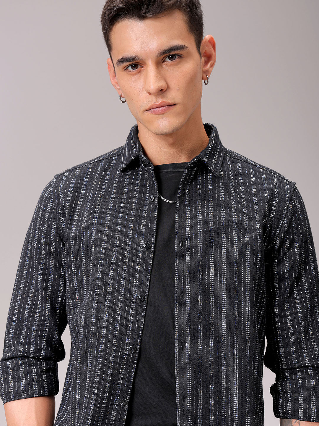 Men's Black Regular Fit Textured Resortwear Shirt