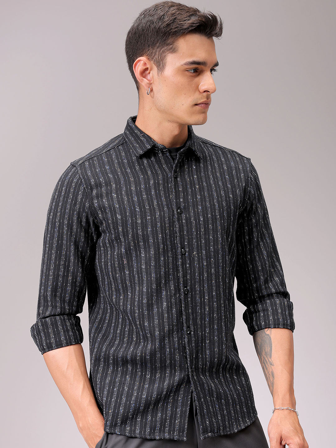 Men's Black Regular Fit Textured Resortwear Shirt