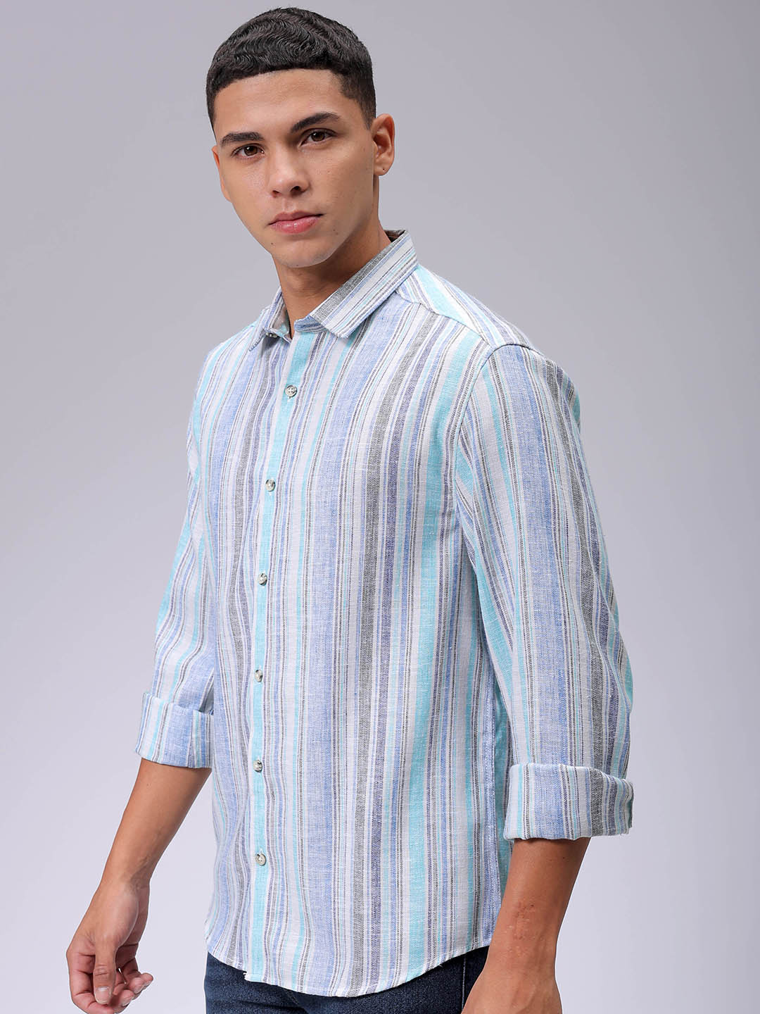 Men's Blue Slim Fit Striped Casual Shirt