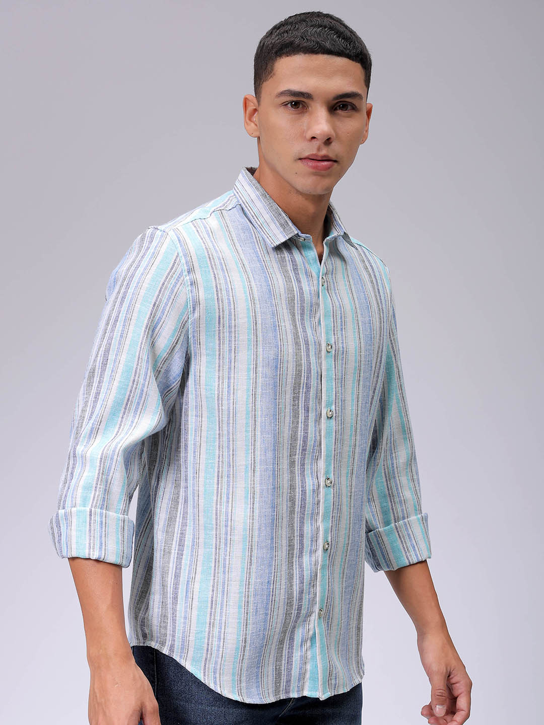 Men's Blue Slim Fit Striped Casual Shirt