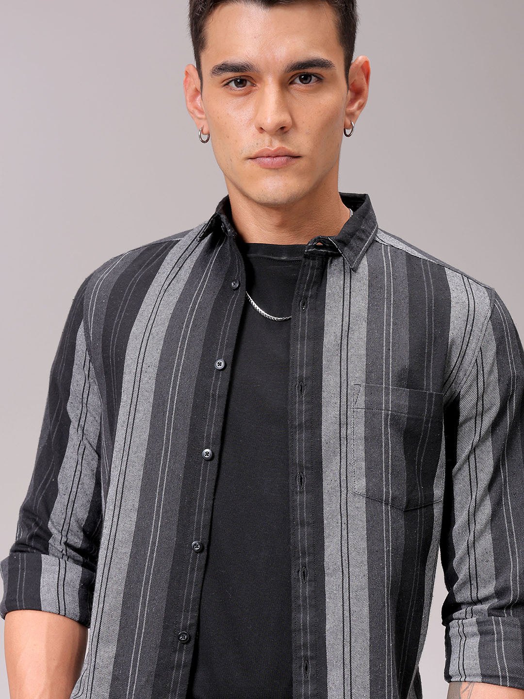 Men's Black Slim Fit Striped Casual Shirt