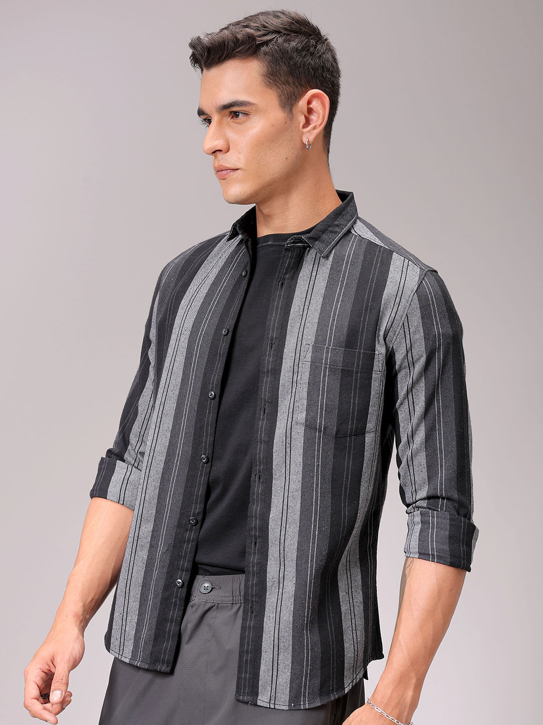 Men's Black Slim Fit Striped Casual Shirt