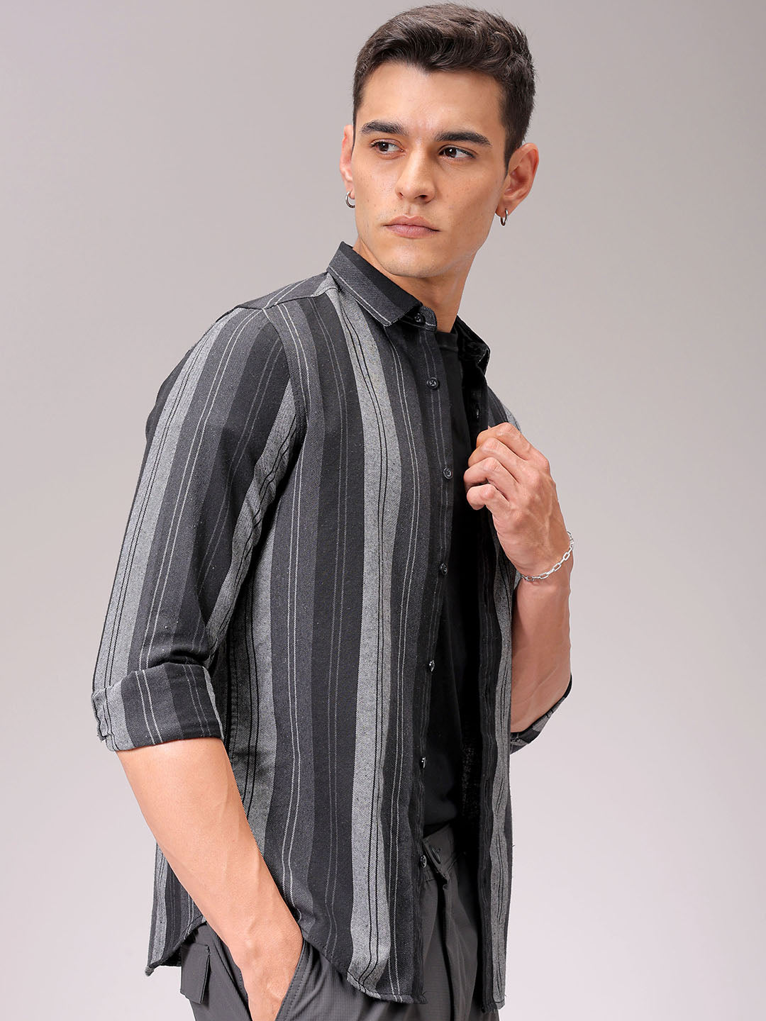 Men's Black Slim Fit Striped Casual Shirt