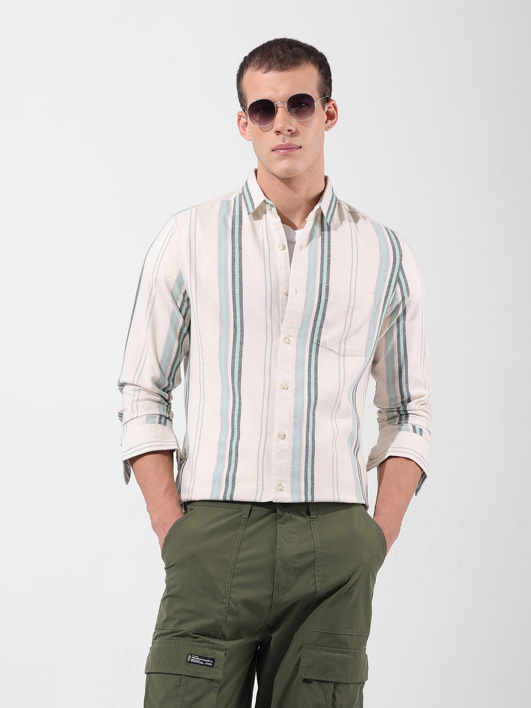 Men's Green Slim Fit Striped Casual Shirt
