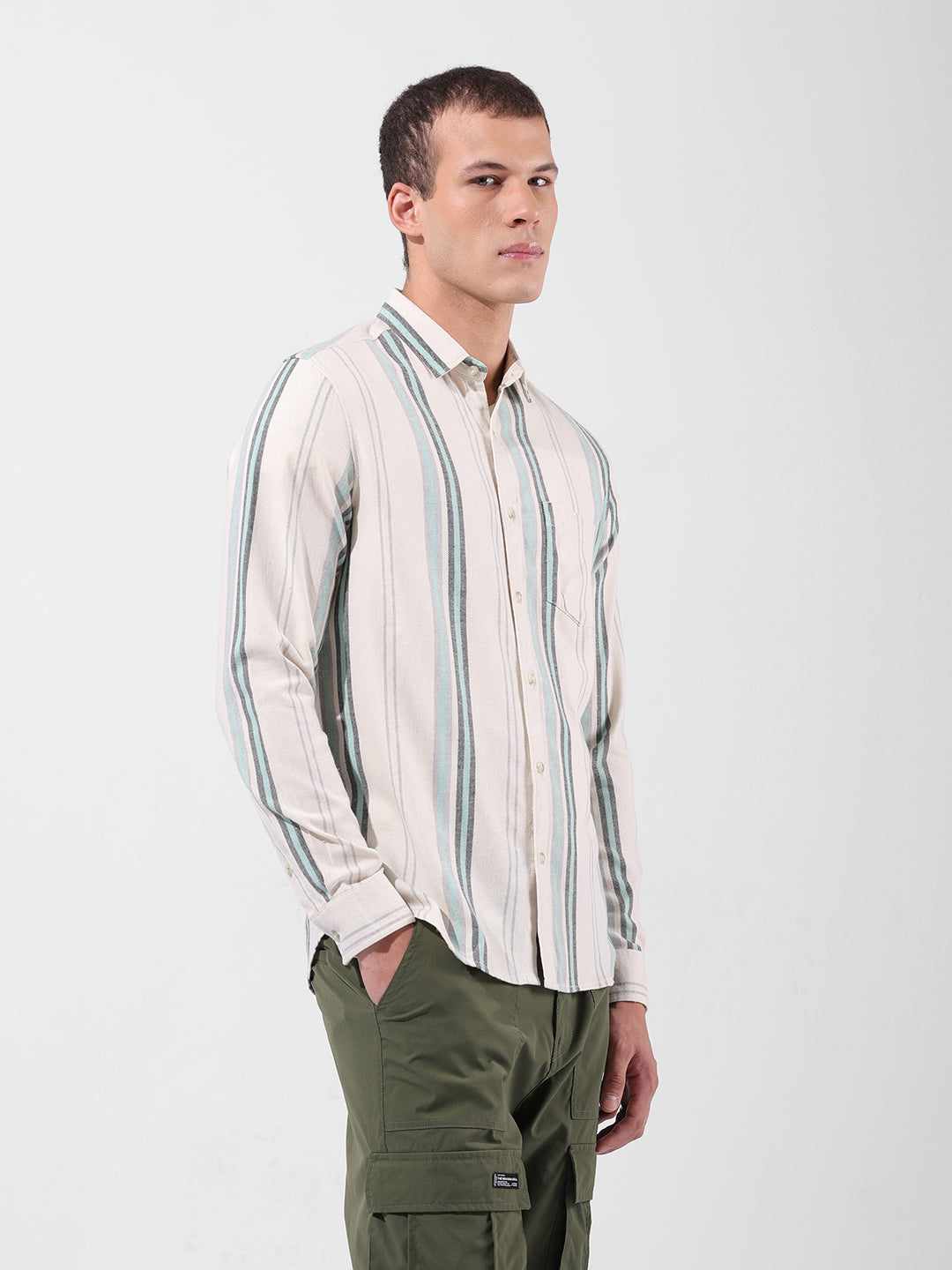 Men's Green Slim Fit Striped Casual Shirt
