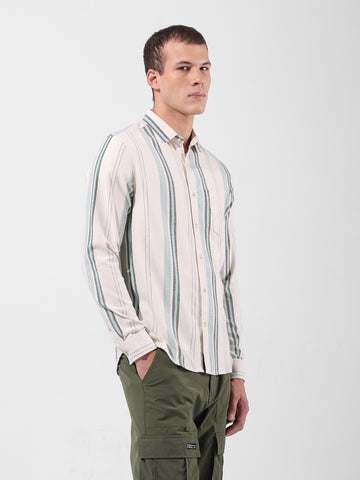 Men's Green Slim Fit Striped Casual Shirt