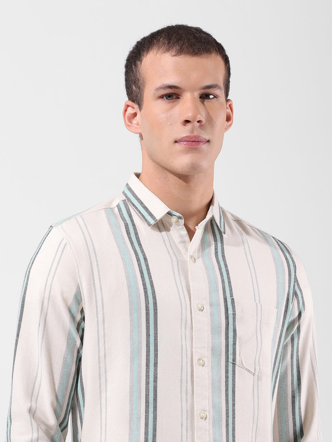 Men's Green Slim Fit Striped Casual Shirt
