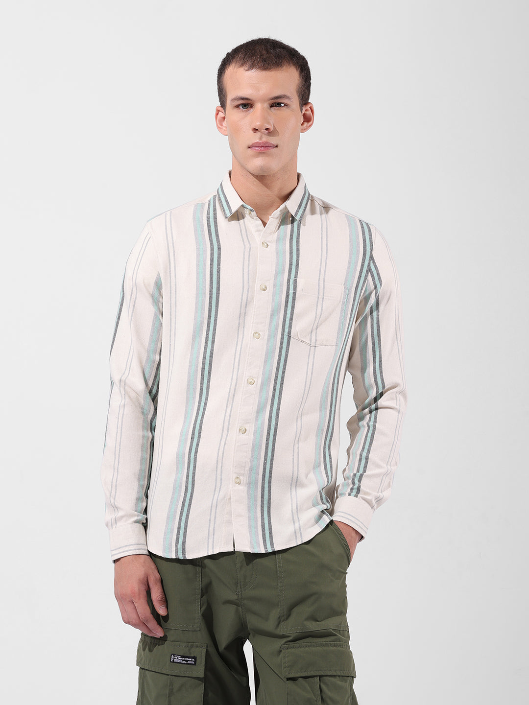 Men's Green Slim Fit Striped Casual Shirt
