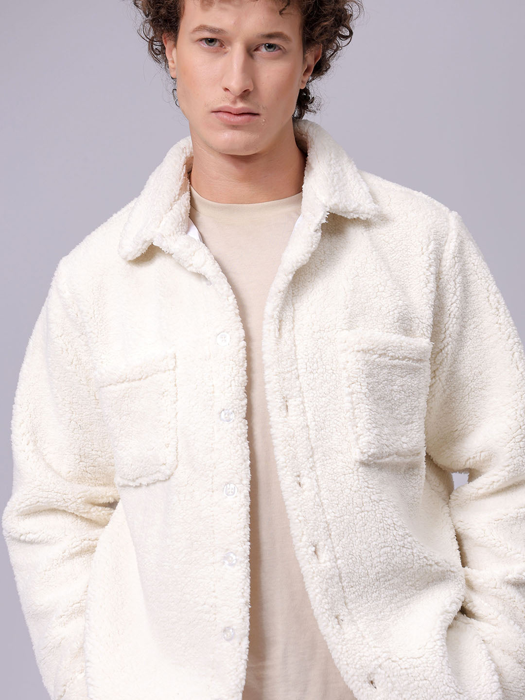 Men's White Regular Fit Solid Fleece Winter Shirt