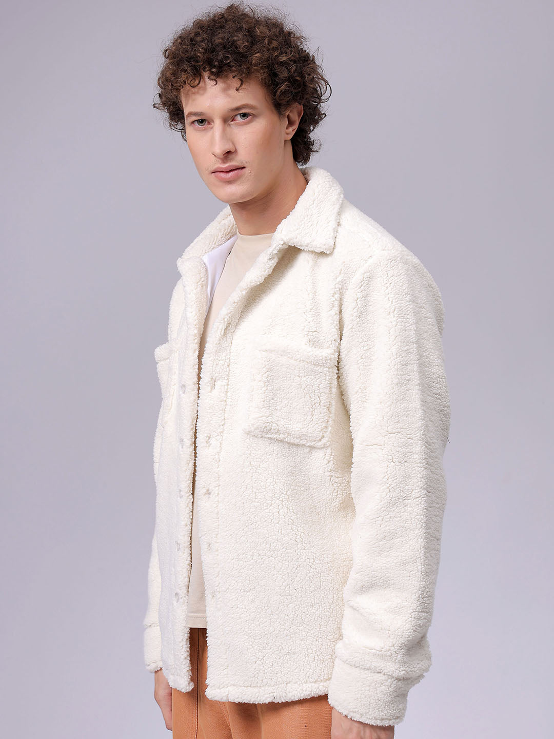 Men's White Regular Fit Solid Fleece Winter Shirt
