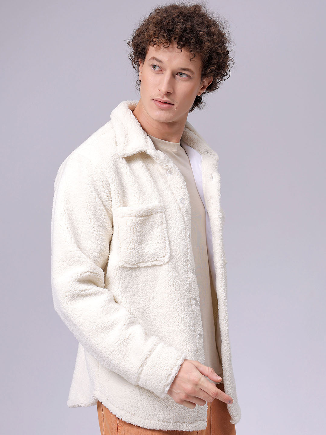 Men's White Regular Fit Solid Fleece Winter Shirt