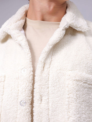 Men's Off White Regular Fit Solid Fleece Winter Shirt