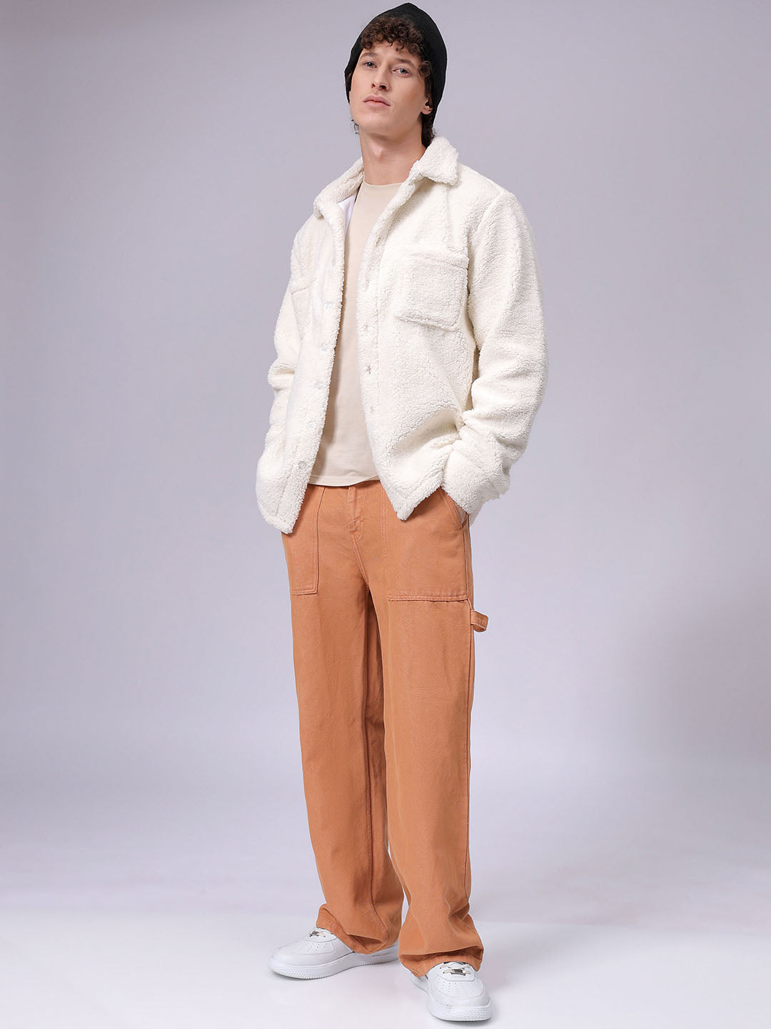 Men's White Regular Fit Solid Fleece Winter Shirt