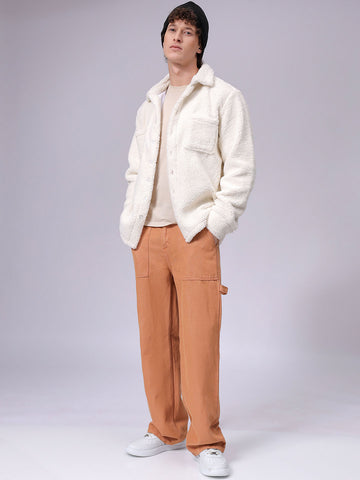 Men's Off White Regular Fit Solid Fleece Winter Shirt