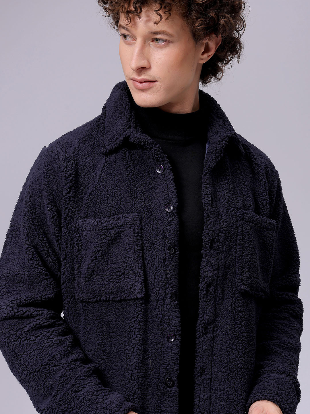 Men's Navy Blue Regular Fit Solid Fleece Winter Shirt