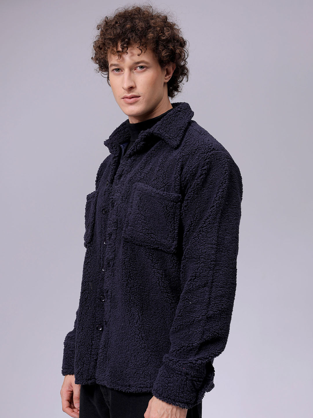 Men's Navy Blue Regular Fit Solid Fleece Winter Shirt