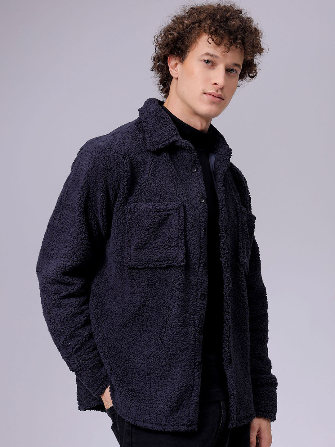 Men's Navy Blue Regular Fit Solid Fleece Winter Shirt