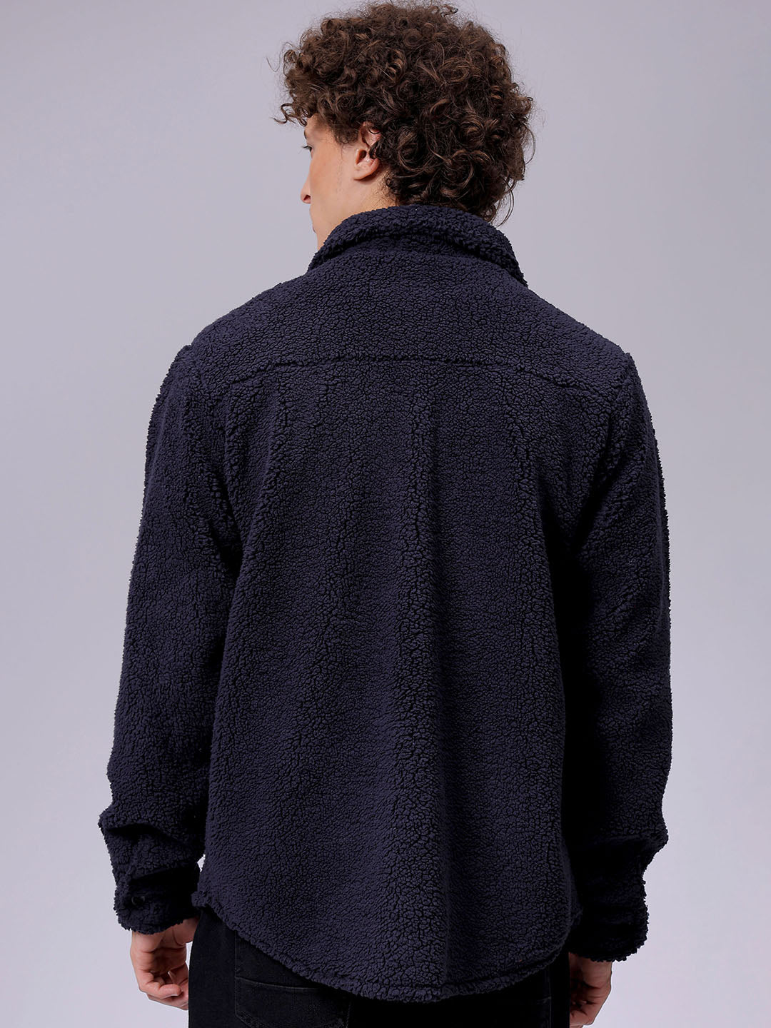 Men's Navy Blue Regular Fit Solid Fleece Winter Shirt
