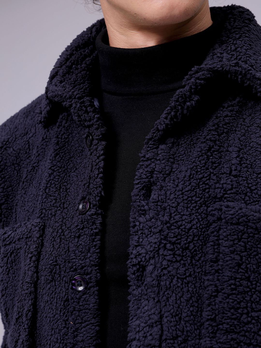Men's Navy Blue Regular Fit Solid Fleece Winter Shirt