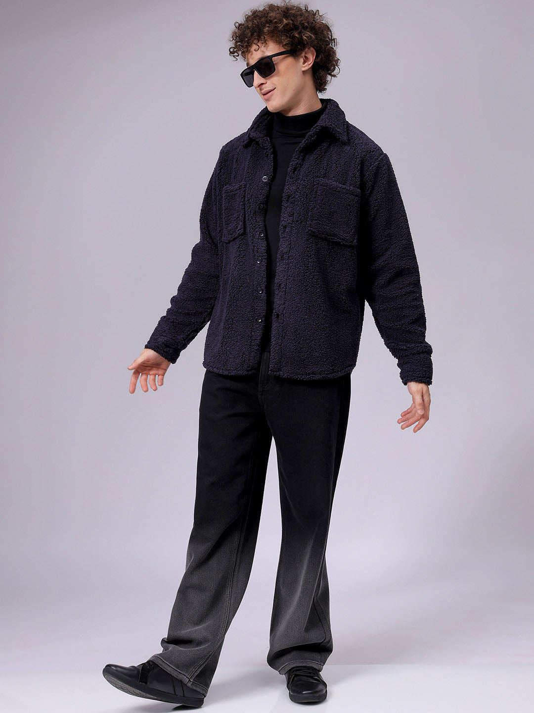 Men's Navy Blue Regular Fit Solid Fleece Winter Shirt