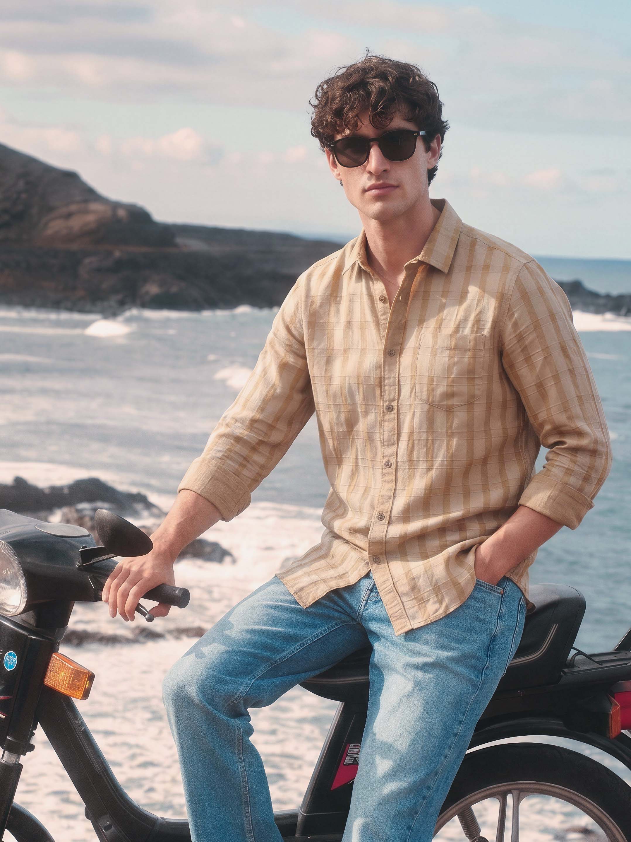 Men's Khaki Slim Fit Checkered Casual Shirt